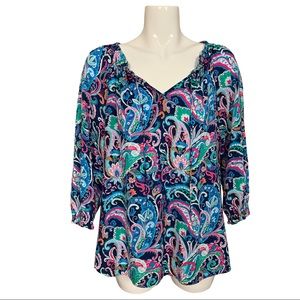 Talbots Paisley Design Gathered Tie Neck and Cuffs Rayon Blouse Large